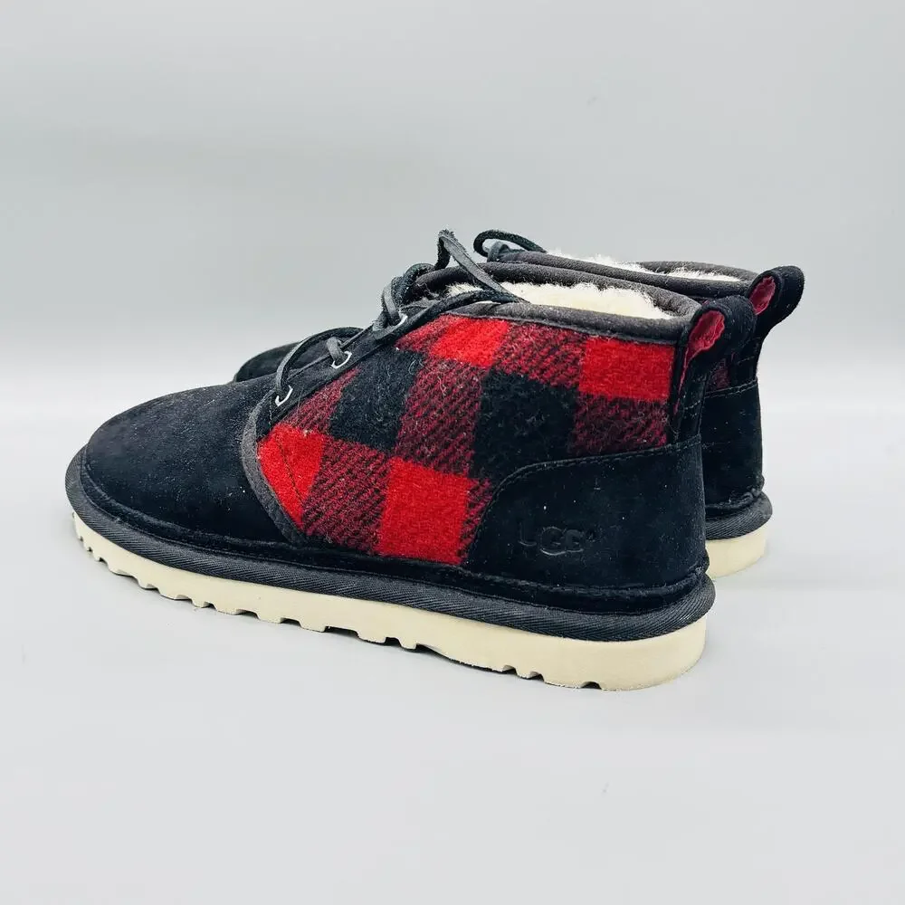 UGG Boots Mens 10 Black Suede Neumel Plaid Chukka Ankle Lace Up Lined Shoes